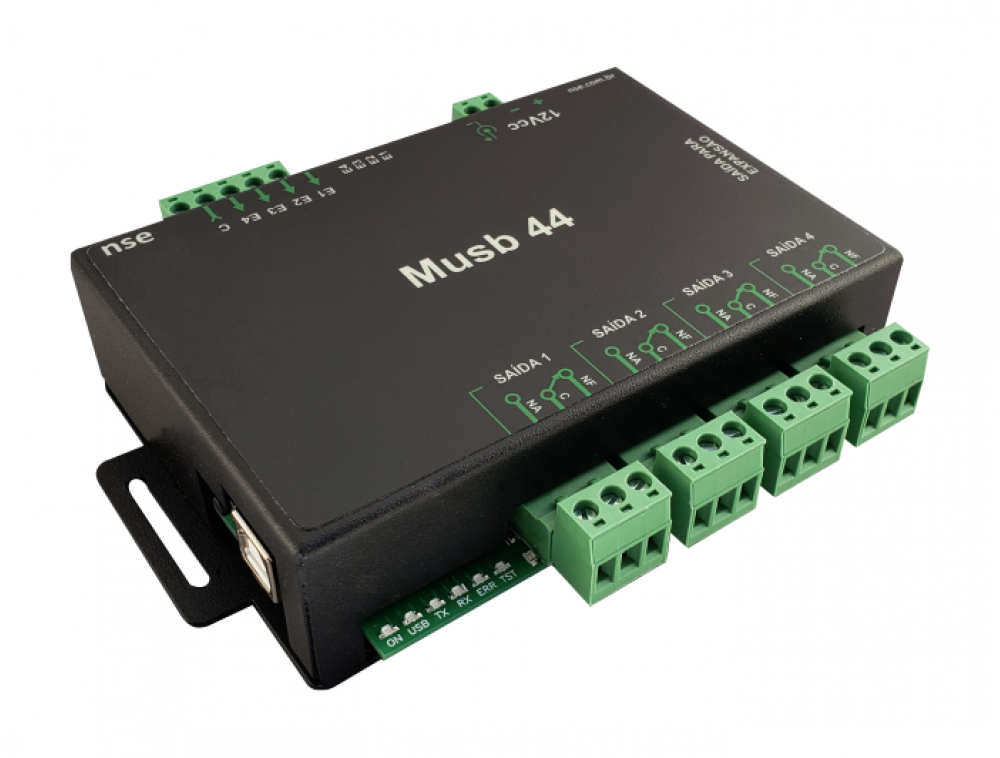 MUSB44 - Comunicação USB (porta COM virtual) com 4 Entradas e 4 Saídas Expansíveis (+16 Entradas ou +16 Saídas)